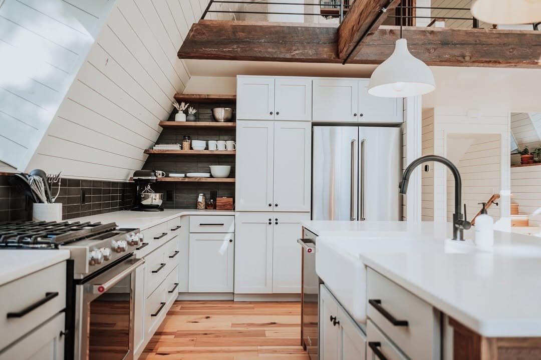 Modern kitchen with white cabinetry and stainless steel appliances