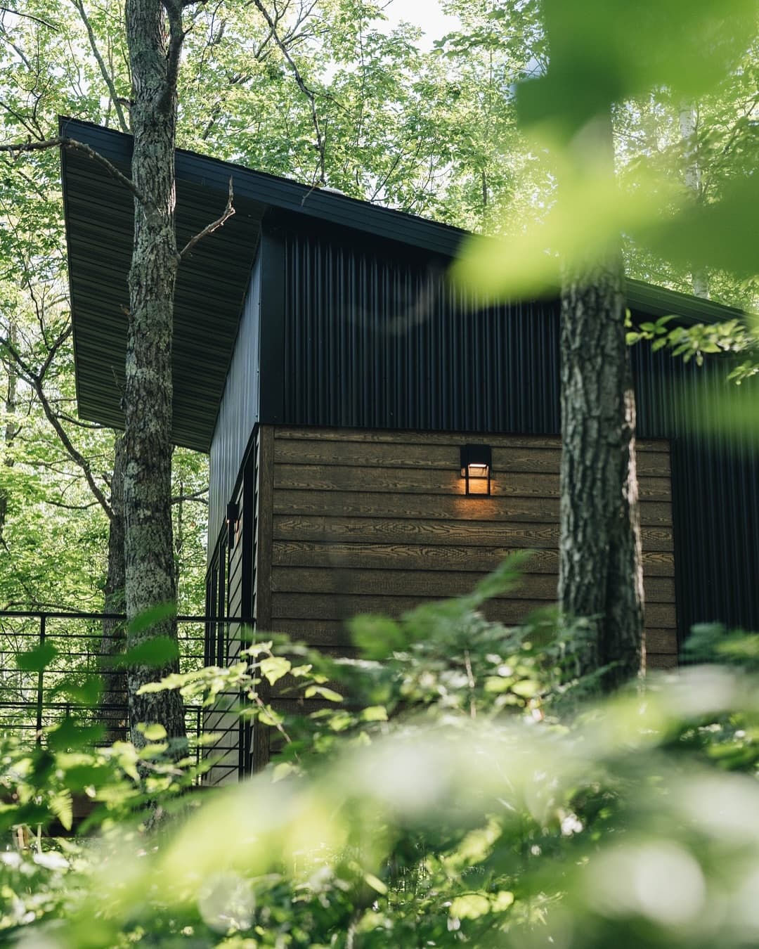 Modern A-frame cabin nestled in green forest with warm interior glow