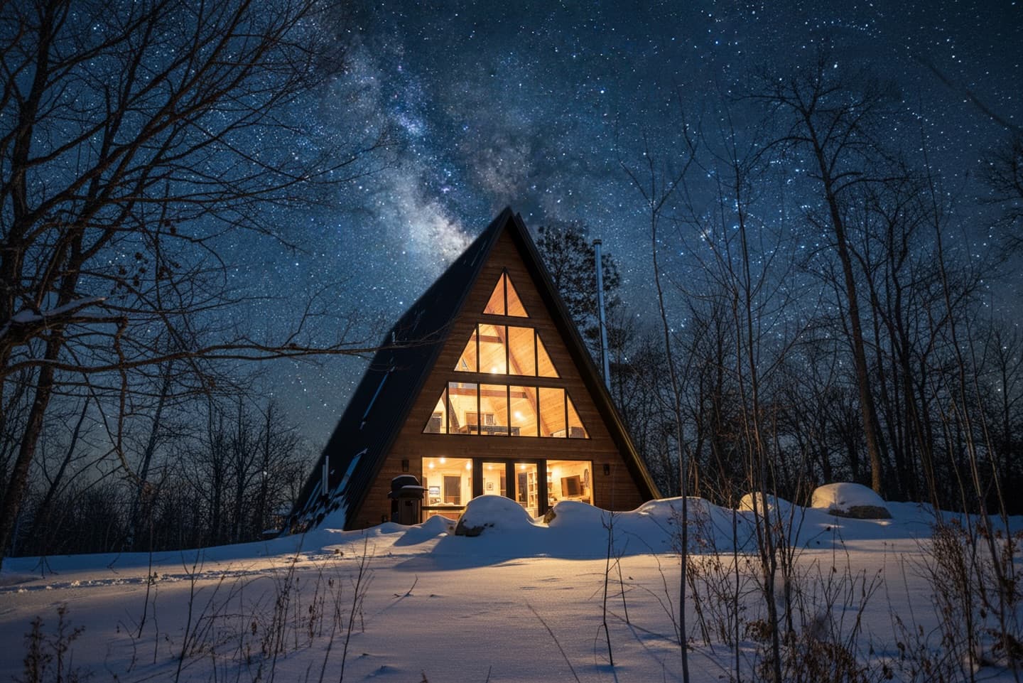 Illuminated A-frame cabin under a starry sky at Northwoods